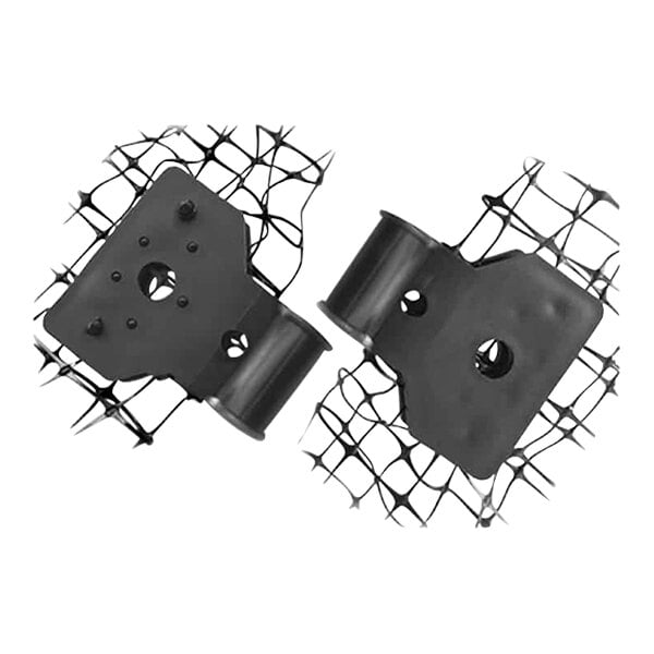 Two black plastic Bird-X mounting clips with holes.