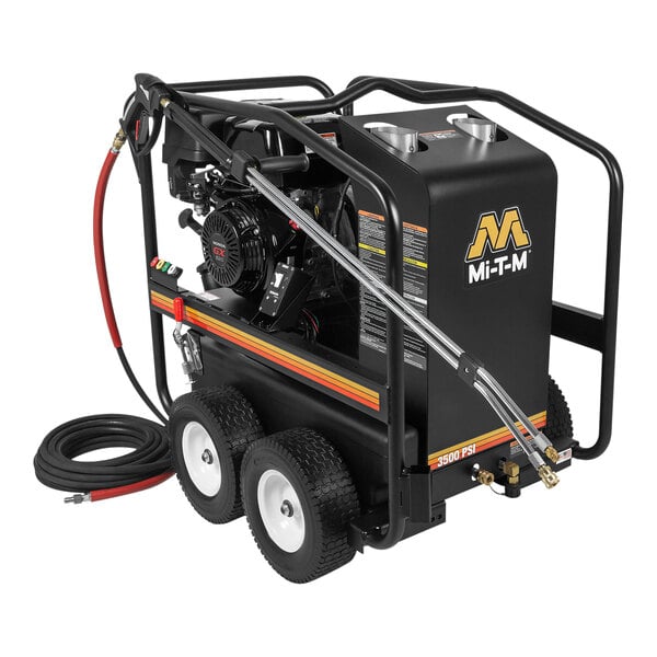 A Mi-T-M hot water pressure washer with a Honda engine and wheels.
