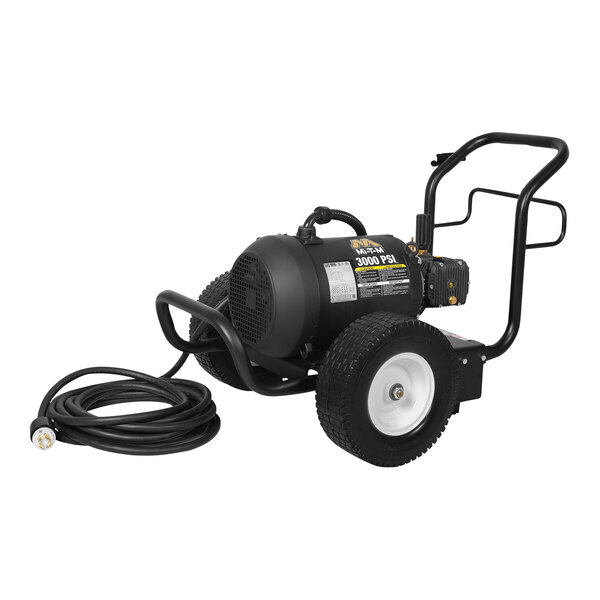 A black Mi-T-M electric cold water pressure washer with wheels and a hose.