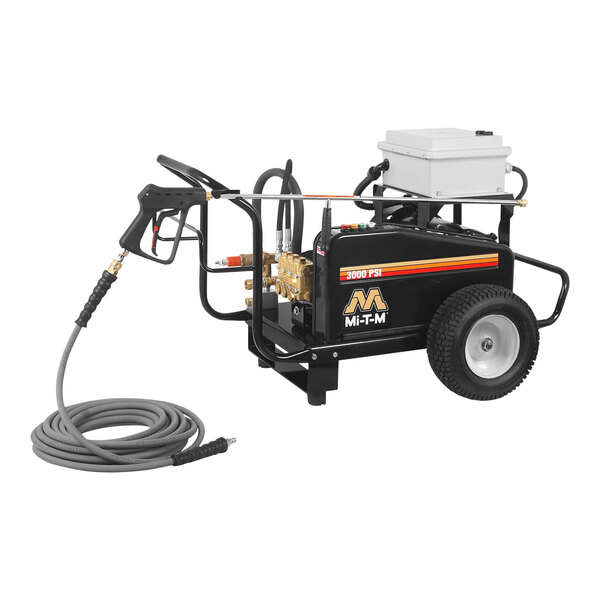 A black Mi-T-M electric cold water pressure washer with hose attached.