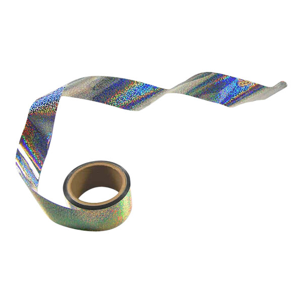 A roll of Bird-X holographic irri-tape with a rainbow pattern.