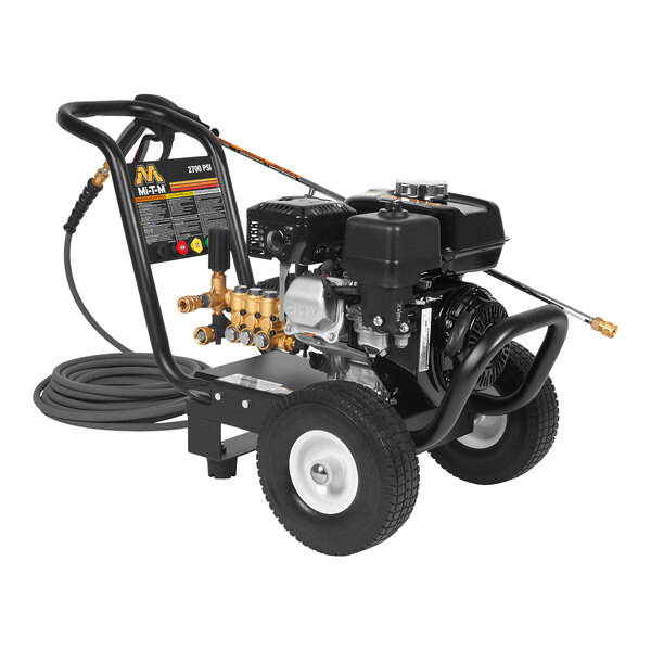 A close up of a black and gold Mi-T-M pressure washer with a hose attached.