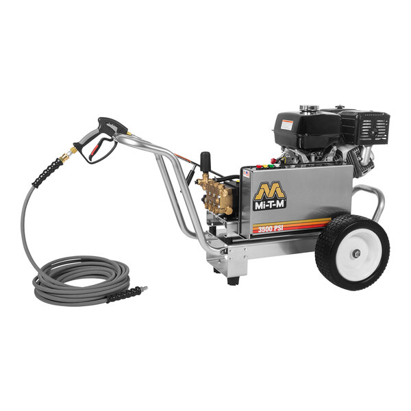 A Mi-T-M cold water pressure washer with a hose.