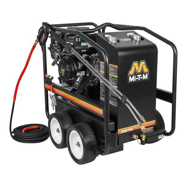 A black Mi-T-M hot water pressure washer with wheels and a hose.
