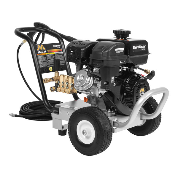A black and silver Mi-T-M ChoreMaster cold water pressure washer with a hose.