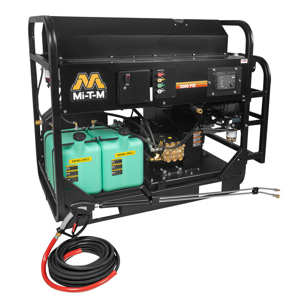 A Mi-T-M diesel-fired hot water pressure washer with a hose attached.