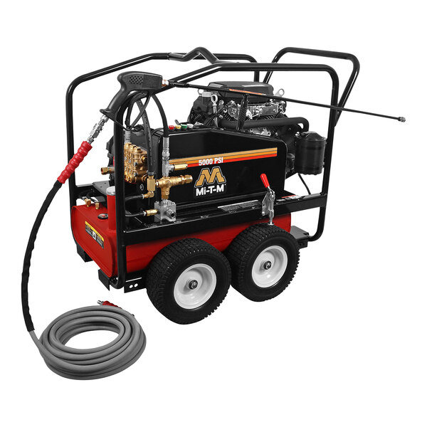 A Mi-T-M cold water pressure washer with a hose reel and wheels.