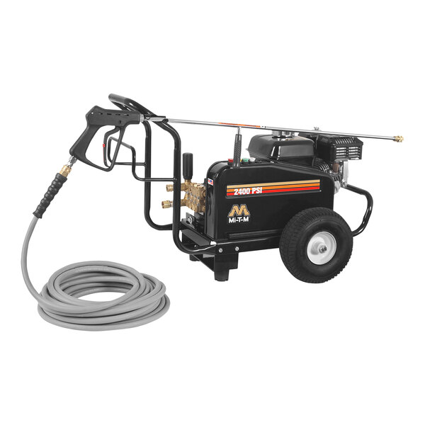 A Mi-T-M cold water pressure washer with a hose attachment.