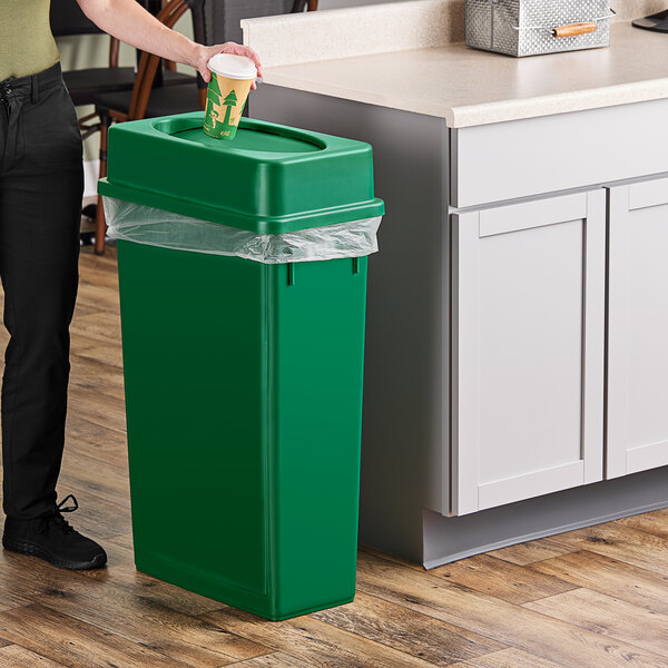 Lavex Janitorial 23 Gallon Dark Green Slim Rectangular Trash Can with