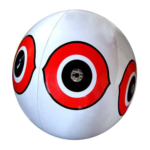 A white inflatable balloon with red and black predator eyes.