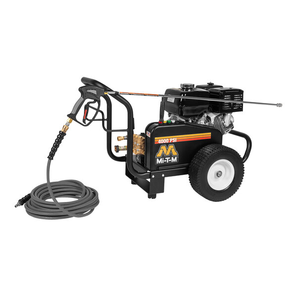 A black and silver Mi-T-M pressure washer with a hose.
