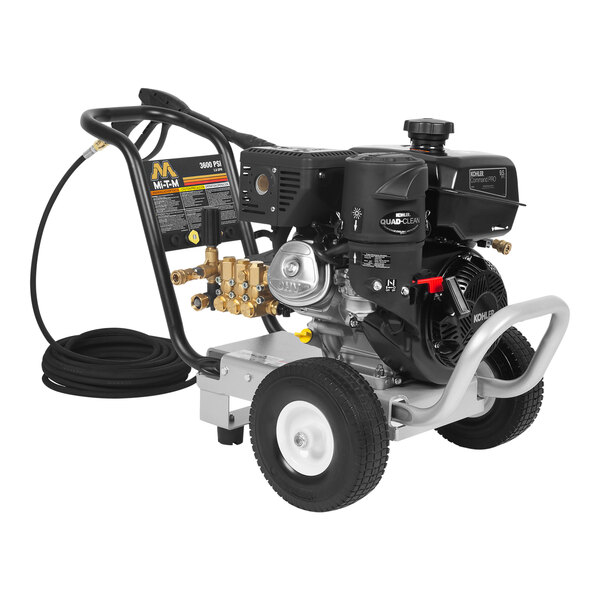 A Mi-T-M Work Pro Series pressure washer with a hose attached.