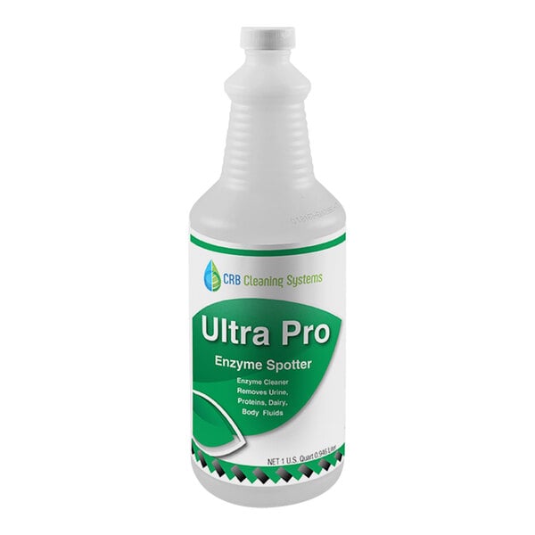 A white CRB Cleaning Systems Ultra Pro spice-scented enzyme spotter bottle with a green label.