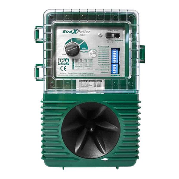 A close-up of a green and black BirdXPeller PRO device with a speaker.