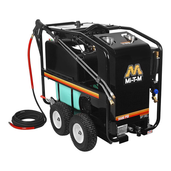 A black Mi-T-M electric hot water pressure washer with hose attached and wheels.