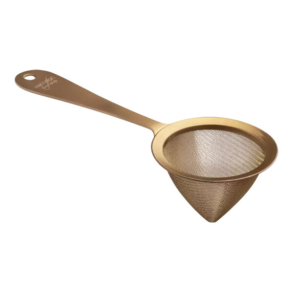 An Arc Cardinal bronze copper cocktail strainer with a handle.