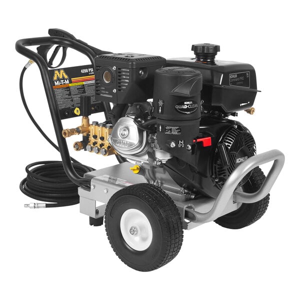 A black and silver Mi-T-M Work Pro Series pressure washer with a hose attached.