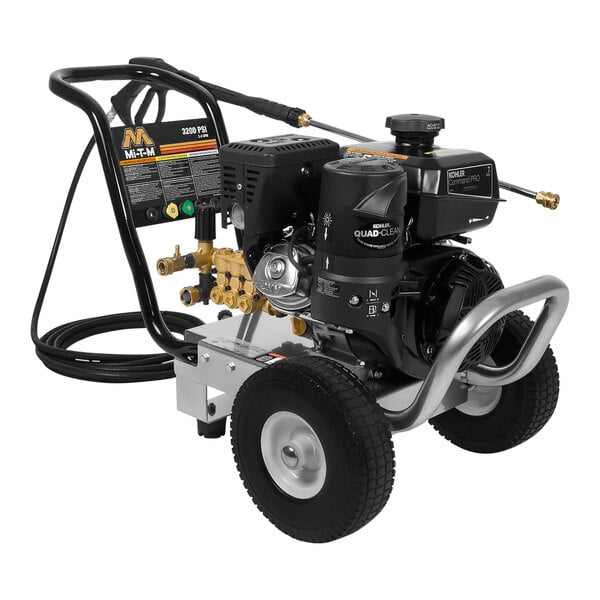 A close up of a black and silver Mi-T-M Work Pro Series pressure washer with a hose attached.