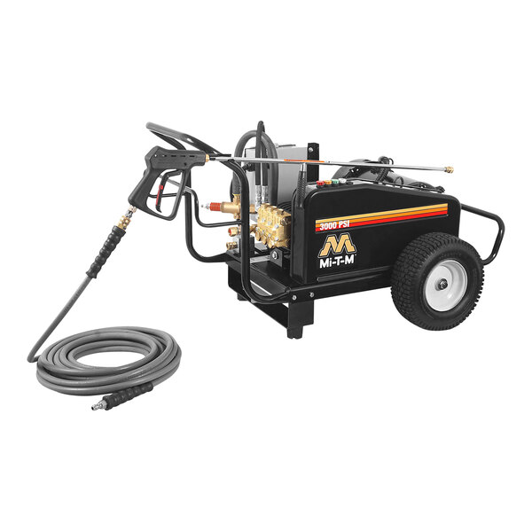 A black and yellow Mi-T-M electric cold water pressure washer with a hose.