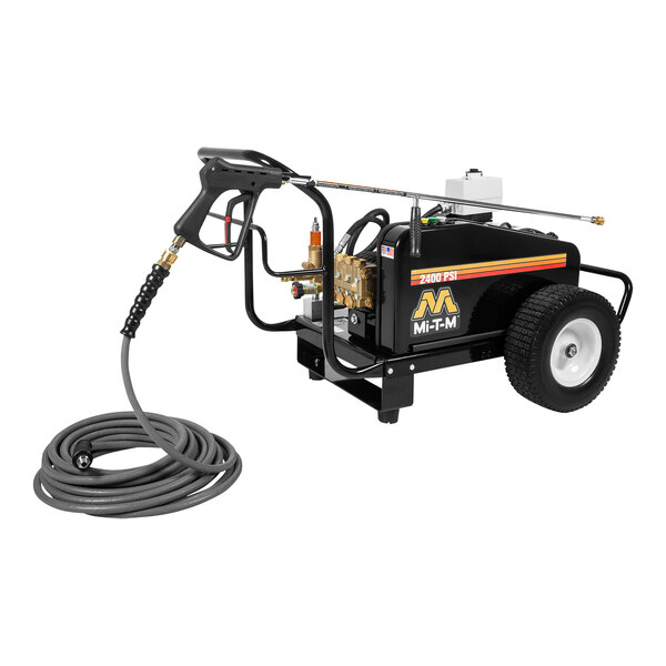 A black Mi-T-M electric cold water pressure washer with a hose attached.