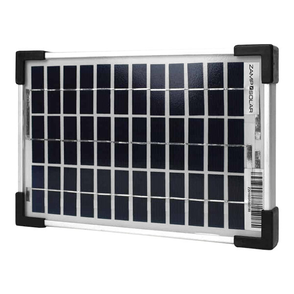 A close-up of a small solar power panel with black and silver trim.