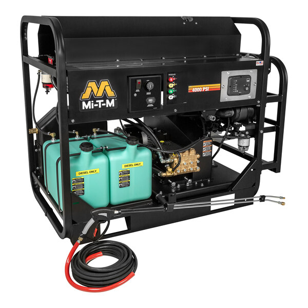 A black Mi-T-M diesel-fired hot water pressure washer with a black handle.