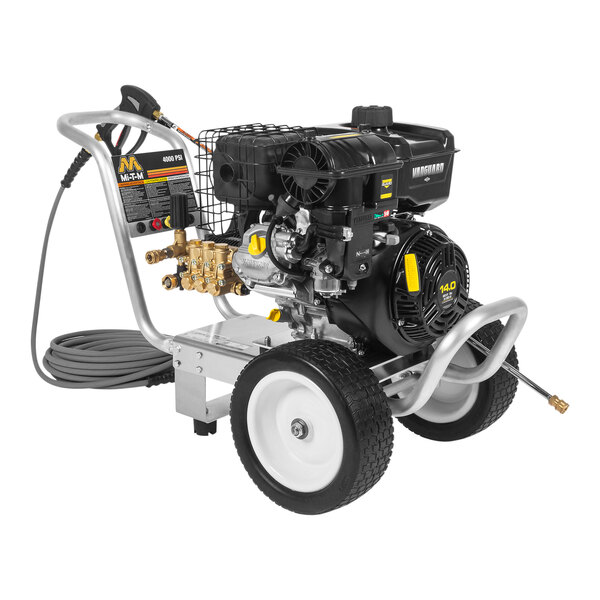 A Mi-T-M gas powered pressure washer with a hose.