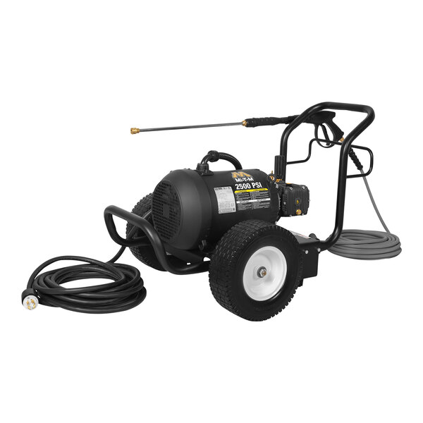 A Mi-T-M corded electric cold water pressure washer with a hose.