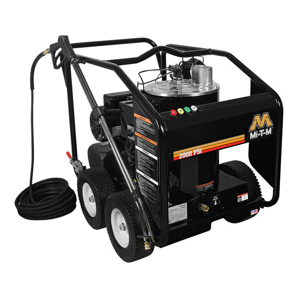 A black Mi-T-M corded electric hot water pressure washer with wheels and a hose.