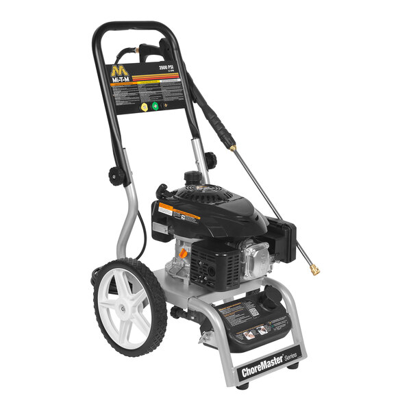 A black and silver Mi-T-M gas pressure washer with a hose attached.