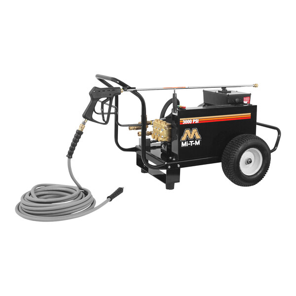 A black and yellow Mi-T-M electric pressure washer with a hose.