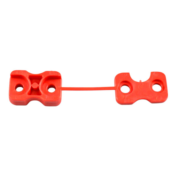 A red plastic CRB cable clamp with two holes.