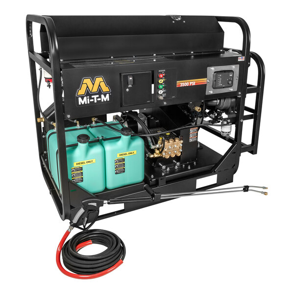 A Mi-T-M diesel-fired hot water pressure washer with a hose and a tank.