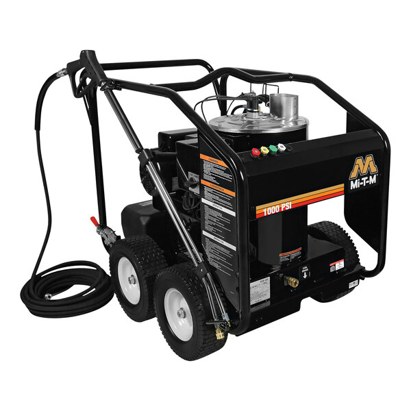 A black Mi-T-M electric hot water pressure washer with wheels and a hose attached.