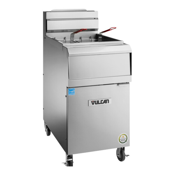 A large stainless steel Vulcan floor fryer with wheels.