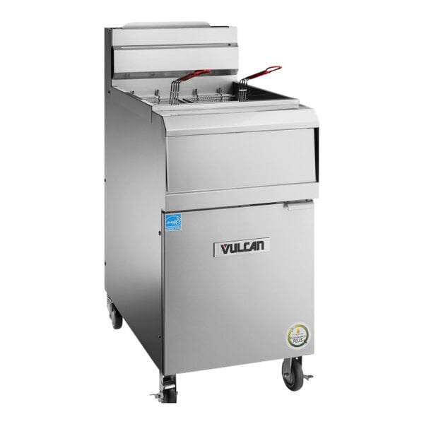 A large stainless steel Vulcan floor fryer with a handle and wheels.