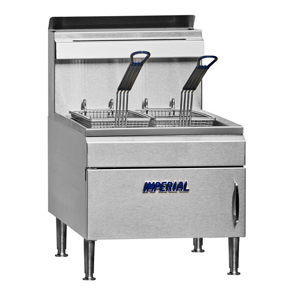 A large Imperial Range liquid propane countertop fryer with two baskets.