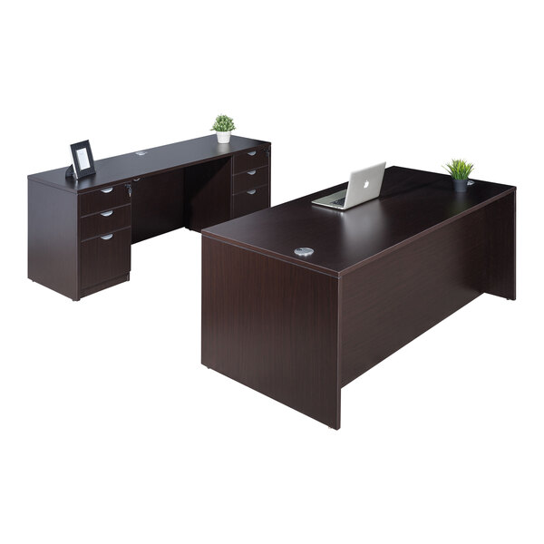 A Boss Mocha laminate desk with dual storage pedestals and a laptop on top.
