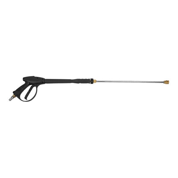 A black and yellow Mi-T-M pressure washer trigger gun with a long black and silver lance.