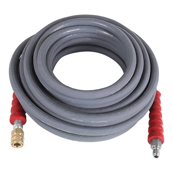 A coiled grey Mi-T-M extension hose with red handles.