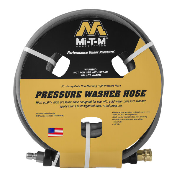 A black and yellow hose with a yellow label that says "Mi-T-M AW-0851-0338 50' x 3/8" Cold Water Extension Hose"