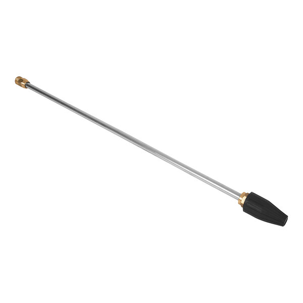 A long metal rod with a black and gold handle.