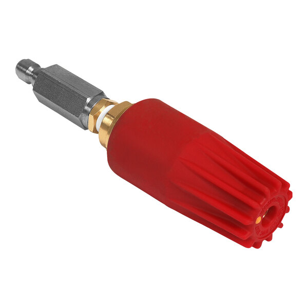 A red and silver Mi-T-M rotating nozzle.