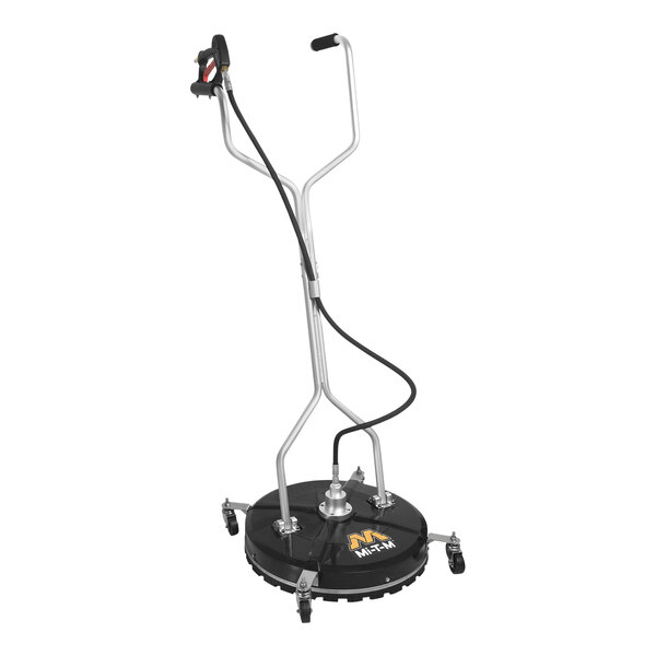A black and silver metal Mi-T-M rotary surface cleaner with casters and a black hose.