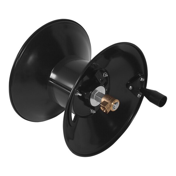 A black spool with a brass handle.