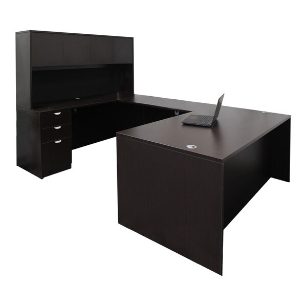 A Boss mocha laminate desk with a laptop on it and a cabinet with two drawers and a cabinet.