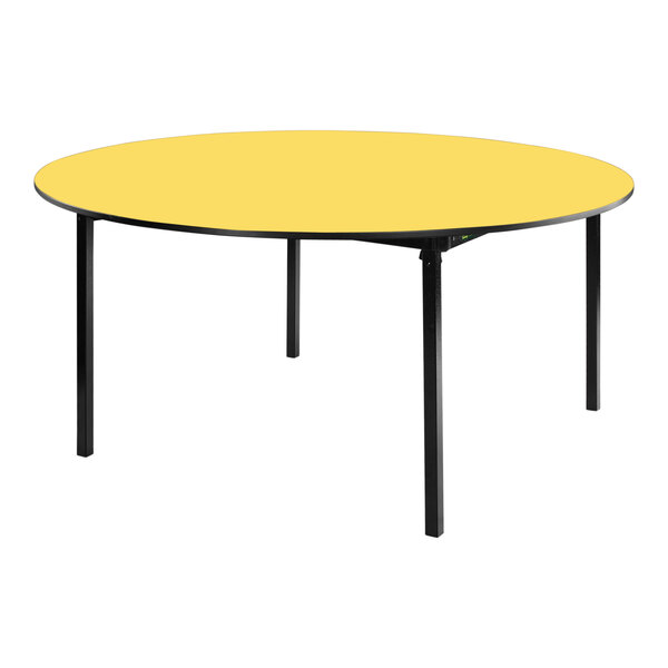 A yellow National Public Seating round folding table with black legs and a black edge.