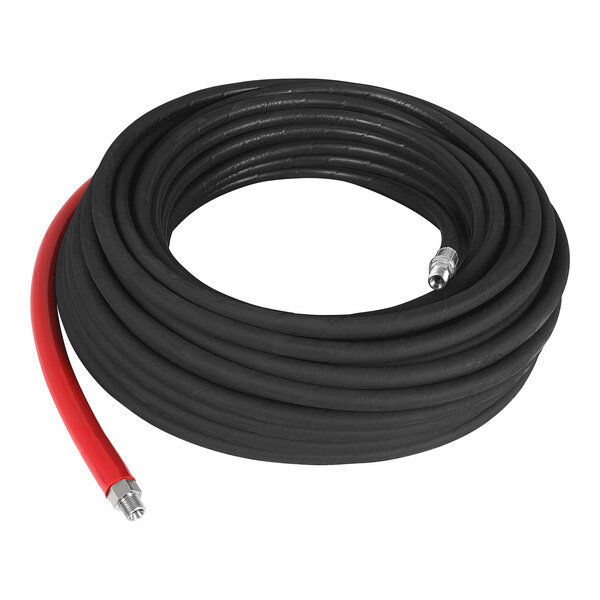 A black Mi-T-M hot water extension hose with red accents.