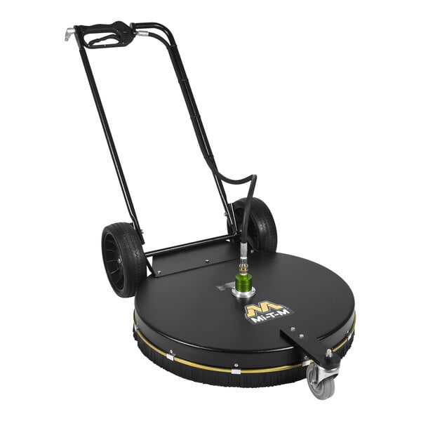 A black and silver Mi-T-M rotary surface cleaner with wheels.