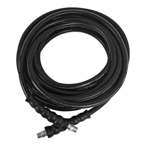 A black Mi-T-M combination steam extension hose with two ends.